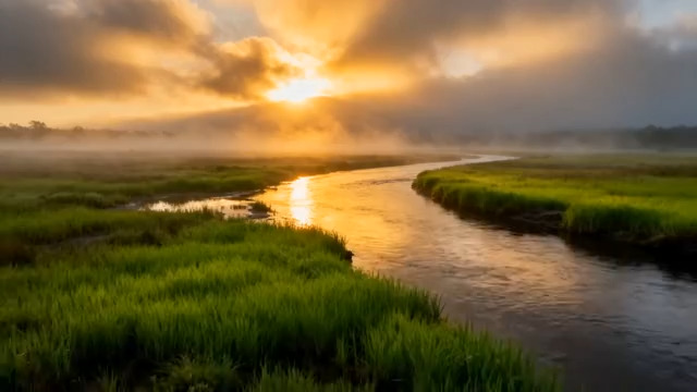  晨曦河流金光雾景159#横屏 	 