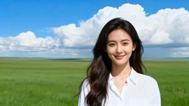  草原上的白衣女孩微笑124#横屏 	 