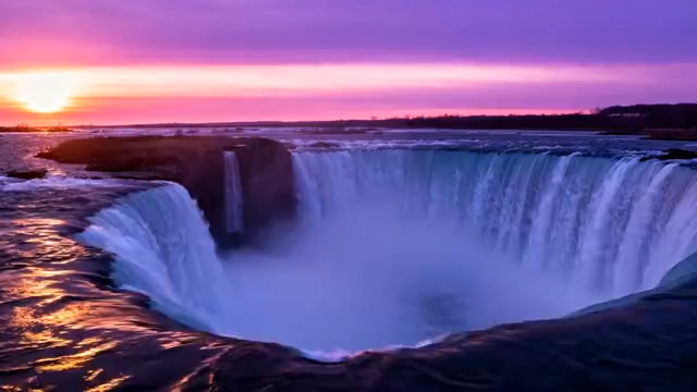  紫色晚霞下的壮观瀑布3274#横屏 	 