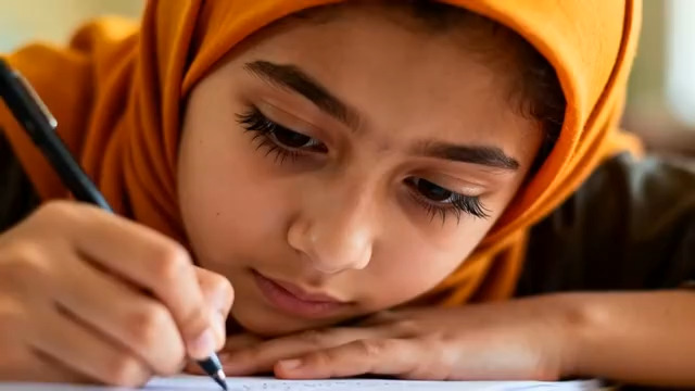  专注学习的戴头巾女孩3253#横屏 	 