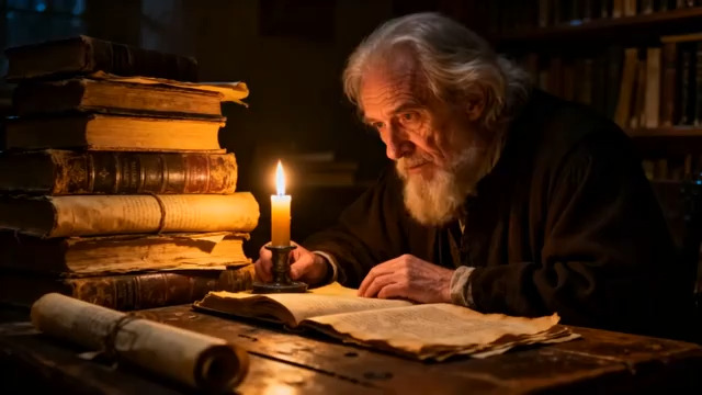  烛光下的老学者研究古籍3231#横屏 	 