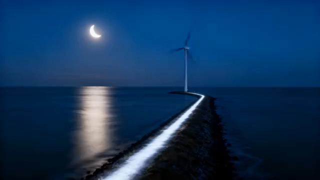  月夜海边风车与灯塔3079#横屏 	 