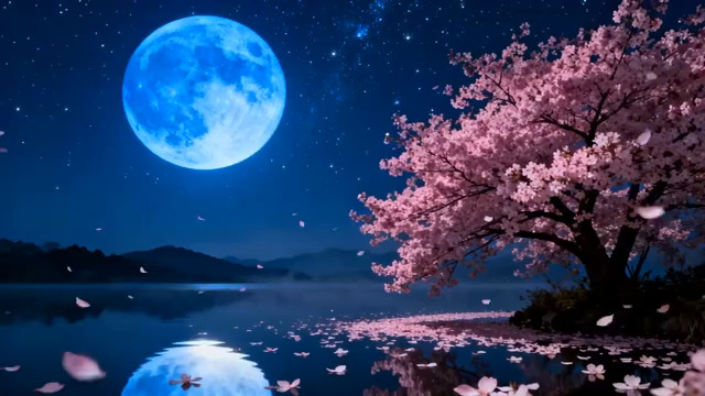  月夜樱花湖景3088#横屏 	 