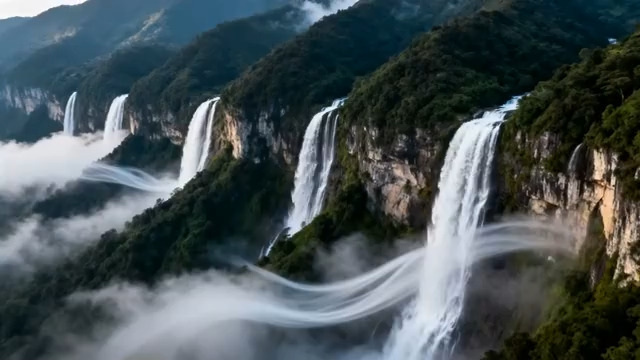  云雾缭绕的山间瀑布3114#横屏 	 