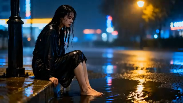  雨夜独坐的悲伤女子3029#横屏 	 - 