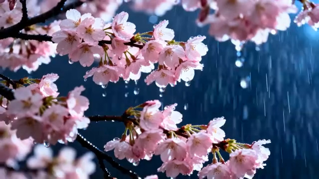  雨中樱花绽放特写3055#横屏 	 -