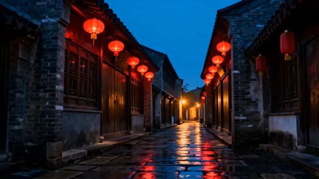  雨夜古街红灯笼夜景3036#横屏 	 