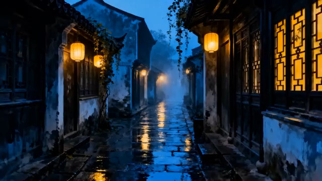 雨夜古巷灯笼夜景3038#横屏 	 -