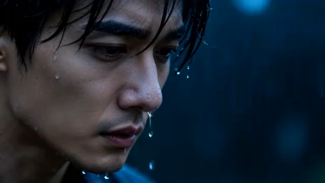  雨中忧郁男子侧脸3056#横屏 	 