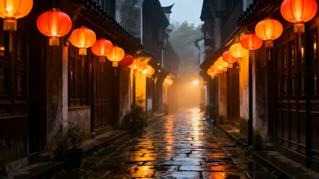  雨夜古巷红灯笼3039#横屏 	 -