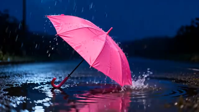 雨夜粉伞静立水洼3031#横屏 	 