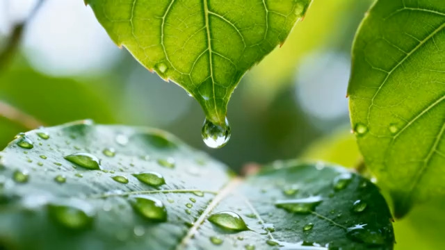  雨后绿叶挂水珠特写3014#横屏 	 