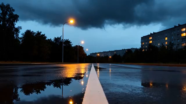  雨夜街道灯光倒影3043#横屏 	 