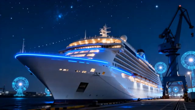  夜晚港口豪华邮轮灯光秀2922#横屏 	 