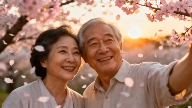  樱花下的银发夫妻自拍2973#横屏 	 