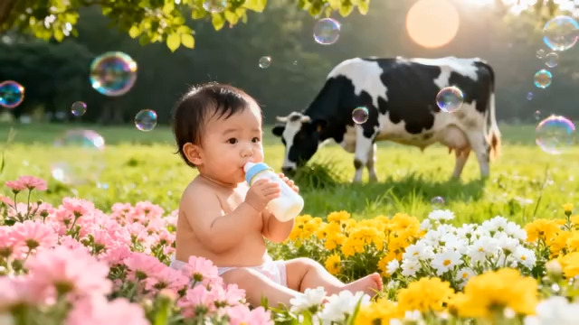  婴儿喝奶 草地花奶牛2961#横屏 	 