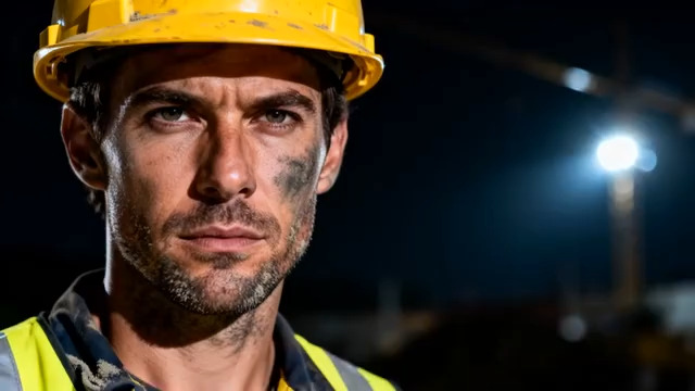  夜晚工地工人特写2923#横屏 	 - 