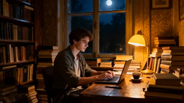  夜晚书房少年用笔记本电脑2931#横屏 	 -