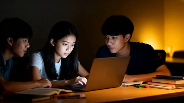  夜晚灯下学习的青年学生2920#横屏 	 