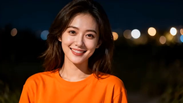  夜晚微笑的橙色上衣女孩2932#横屏 	 