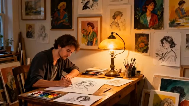  夜晚画室创作的男画家2924#横屏 	 