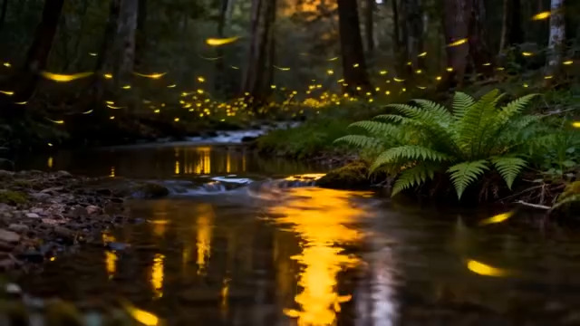  萤火飞舞森林小溪夜景2977#横屏 	 
