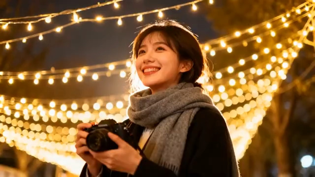  夜晚灯光下的拍照女孩2916#横屏 	 - 