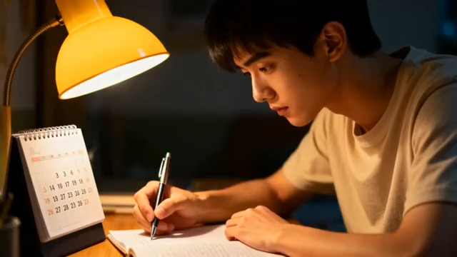  夜晚灯下认真学习的男生2917#横屏 	 