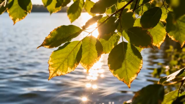  阳光下的绿叶与波光2832#横屏 	 -