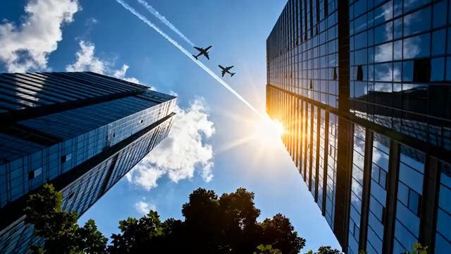  仰拍摩天大楼与飞机2890#横屏 	 