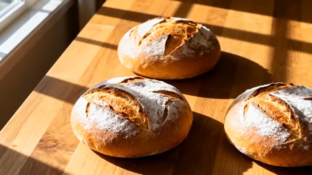  阳光木桌上的欧式面包2774#横屏 	 