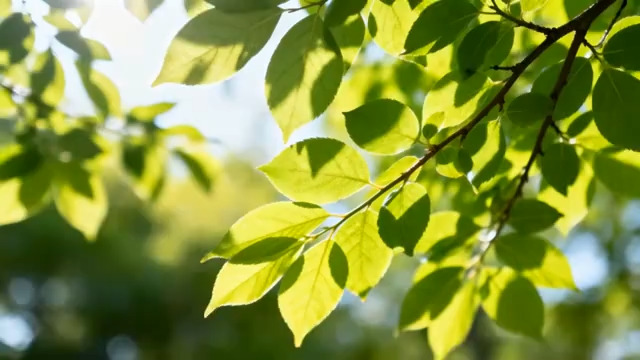  阳光下的绿叶树枝摇曳2829#横屏 	 