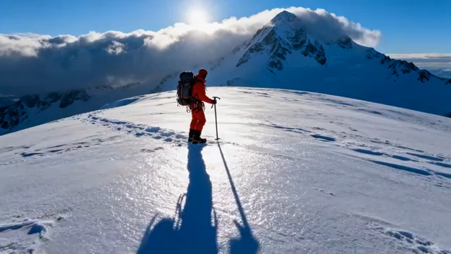  雪山徒步旅行者背影2677#横屏 	 