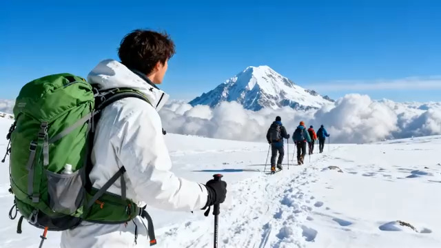  雪山徒步背影 团队前行2676#横屏 	 