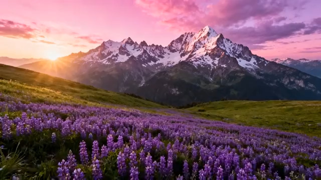  雪山下的紫色花海日出2684#横屏 	 - 