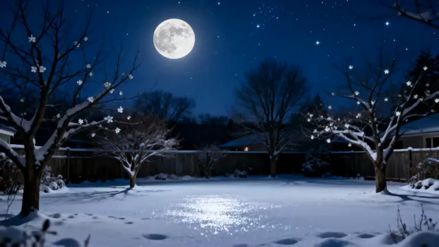  雪夜圆月静谧风景2716#横屏 	 -