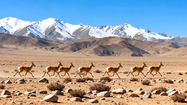  雪山下奔跑的藏羚羊群2680#横屏 	 