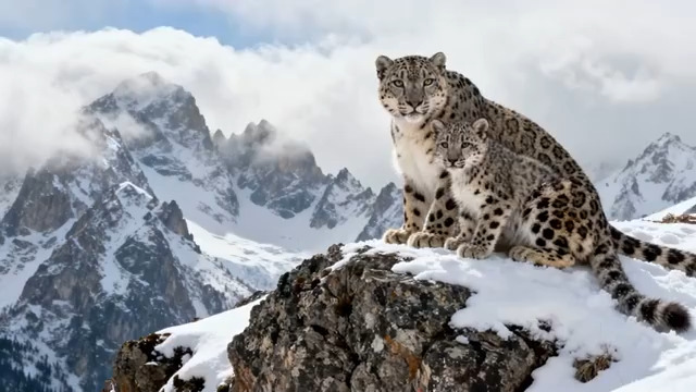  雪山之巅的雪豹母子2699#横屏 	 