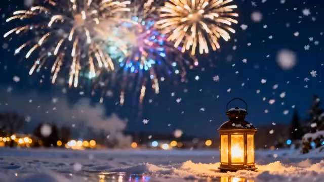  雪夜烟花与灯笼2713#横屏 	 