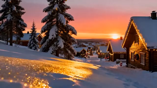  雪中小屋的日落美景2727#横屏 	 -