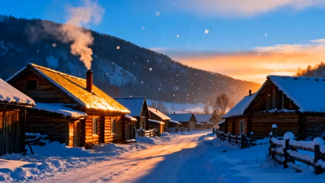  雪中小屋炊烟升起2726#横屏 	 