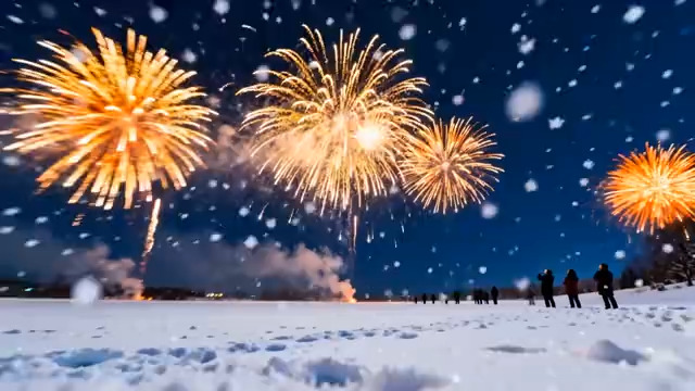  雪夜烟花绽放瞬间2714#横屏 	 