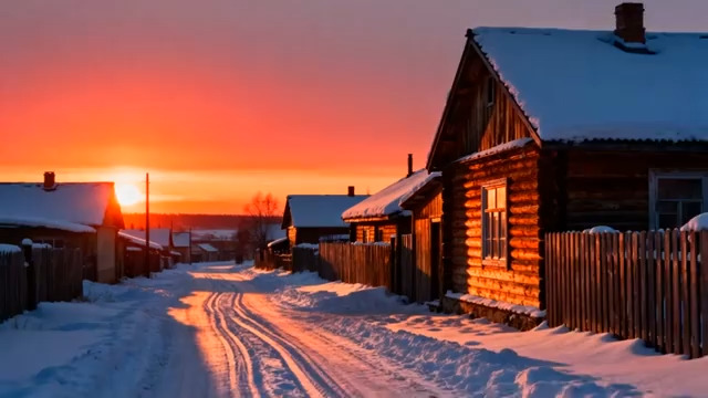  雪中小屋日落风景2729#横屏 	 