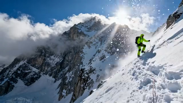  雪山攀登者逆光前行2661#横屏 	 