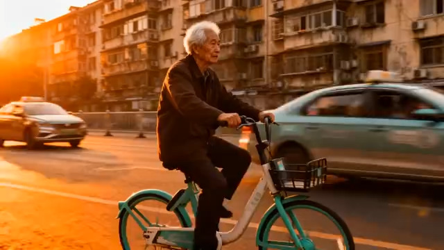  夕阳下骑行的老人2411#横屏 	 