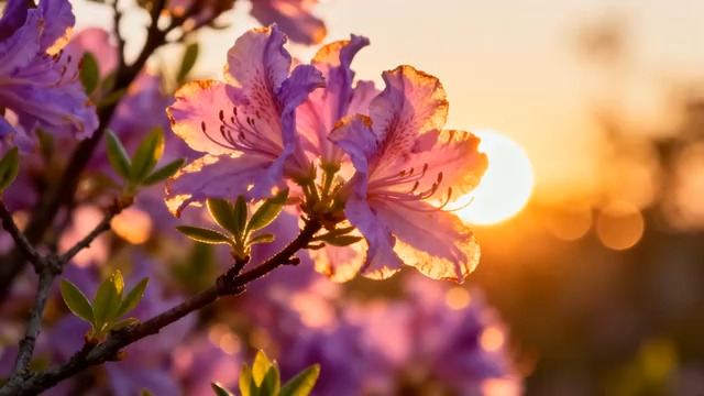  夕阳下盛开的紫色杜鹃花2414#横屏 	 -