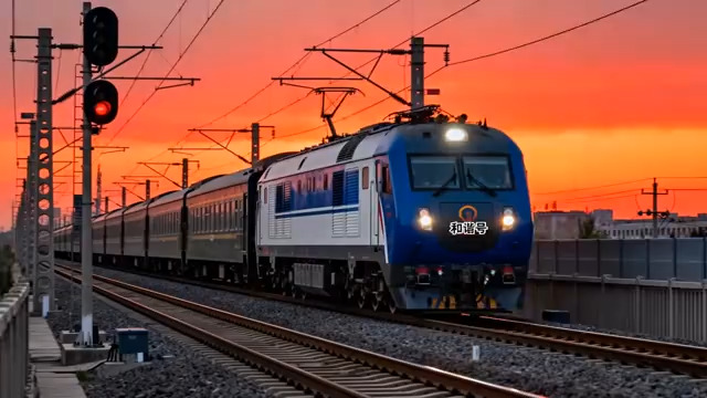  夕阳下的蓝白火车2390#横屏 	 