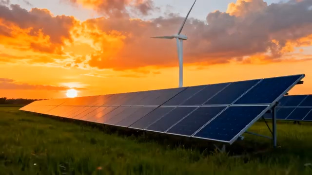  夕阳下的光伏风电场2383#横屏 	 