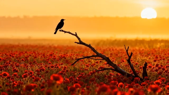  夕阳下的花田与飞鸟2386#横屏 	 