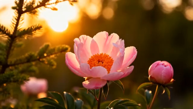  夕阳下的粉色芍药花2377#横屏 	 